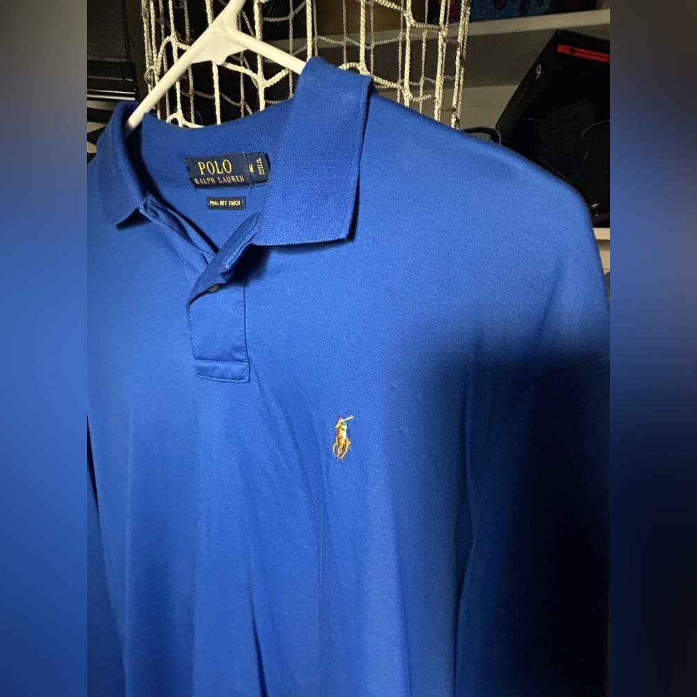 men’s long sleeve ralph lauren polo; blue, size M